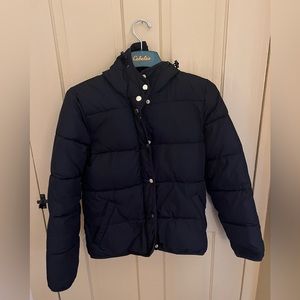 JCREW black puffer with gold buttons